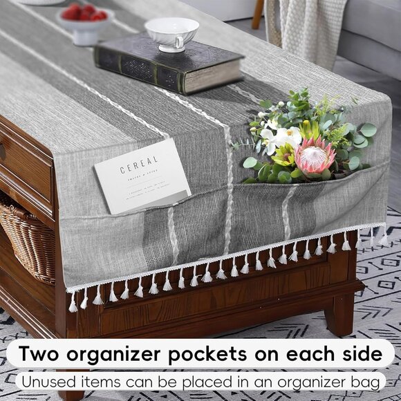 Elegant Grey Gingham Coffee Table Cloth with Tassels - Machine Washable 19"x57" - Picture 5 of 7